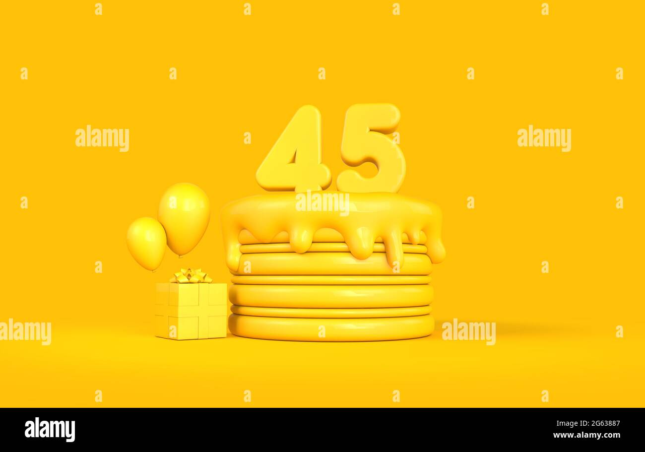 Happy 45. Geburtstag Feier Kuchen mit Geschenk und Ballons. 3D-Rendering Stockfoto