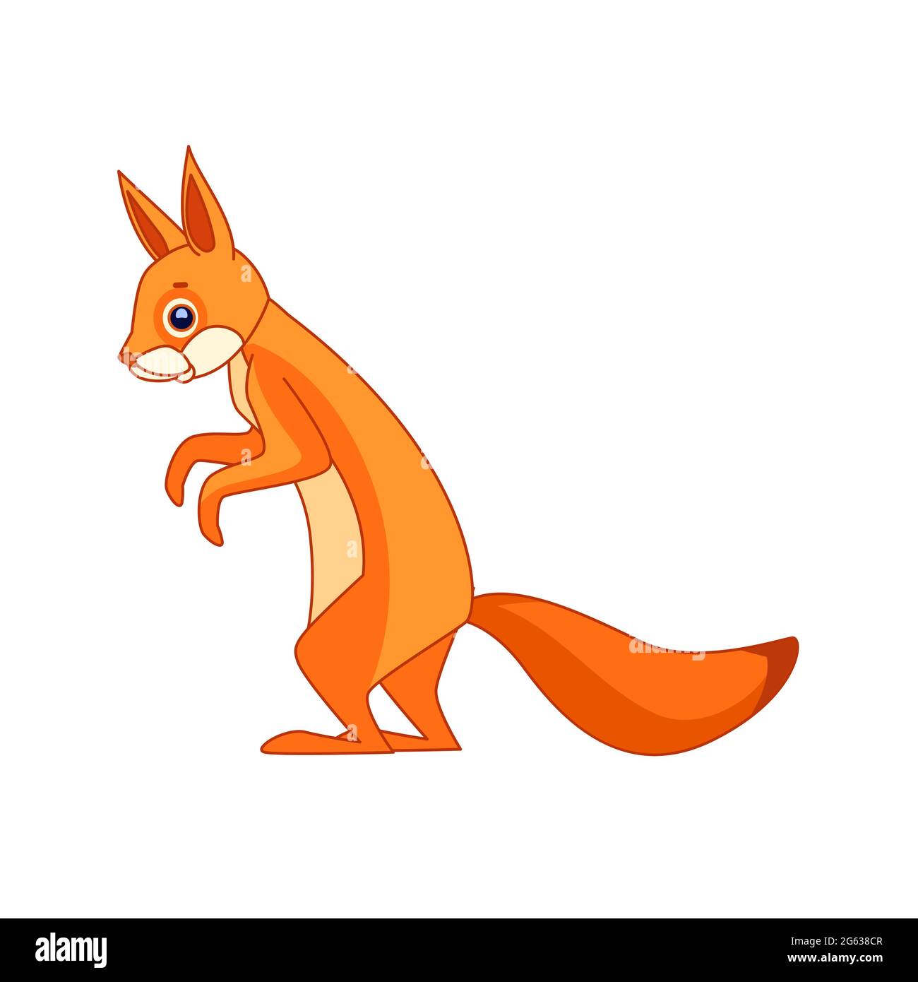 Eichhörnchen steht und beobachtet neugierig. Zeichentrickfigur eines Säugetiernagers. Ein wildes Waldgeschöpf mit orangefarbenem Fell. Seitenansicht. Vektor flach Stock Vektor