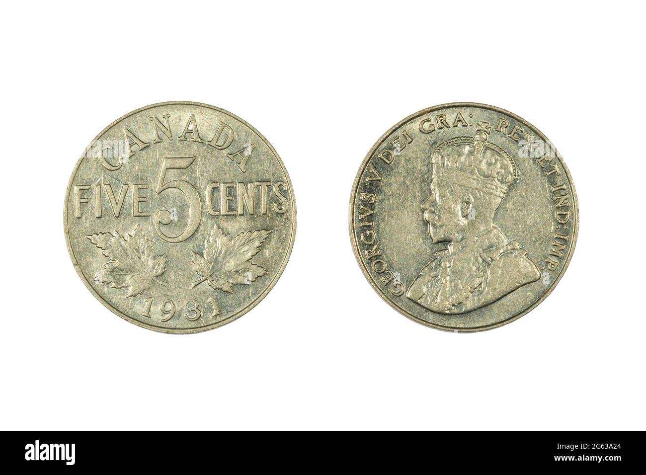 Eine kanadische 5-Cent-Münze von 1931. Vorderseite: König George V. Rückseite: Ahornblätter Stockfoto