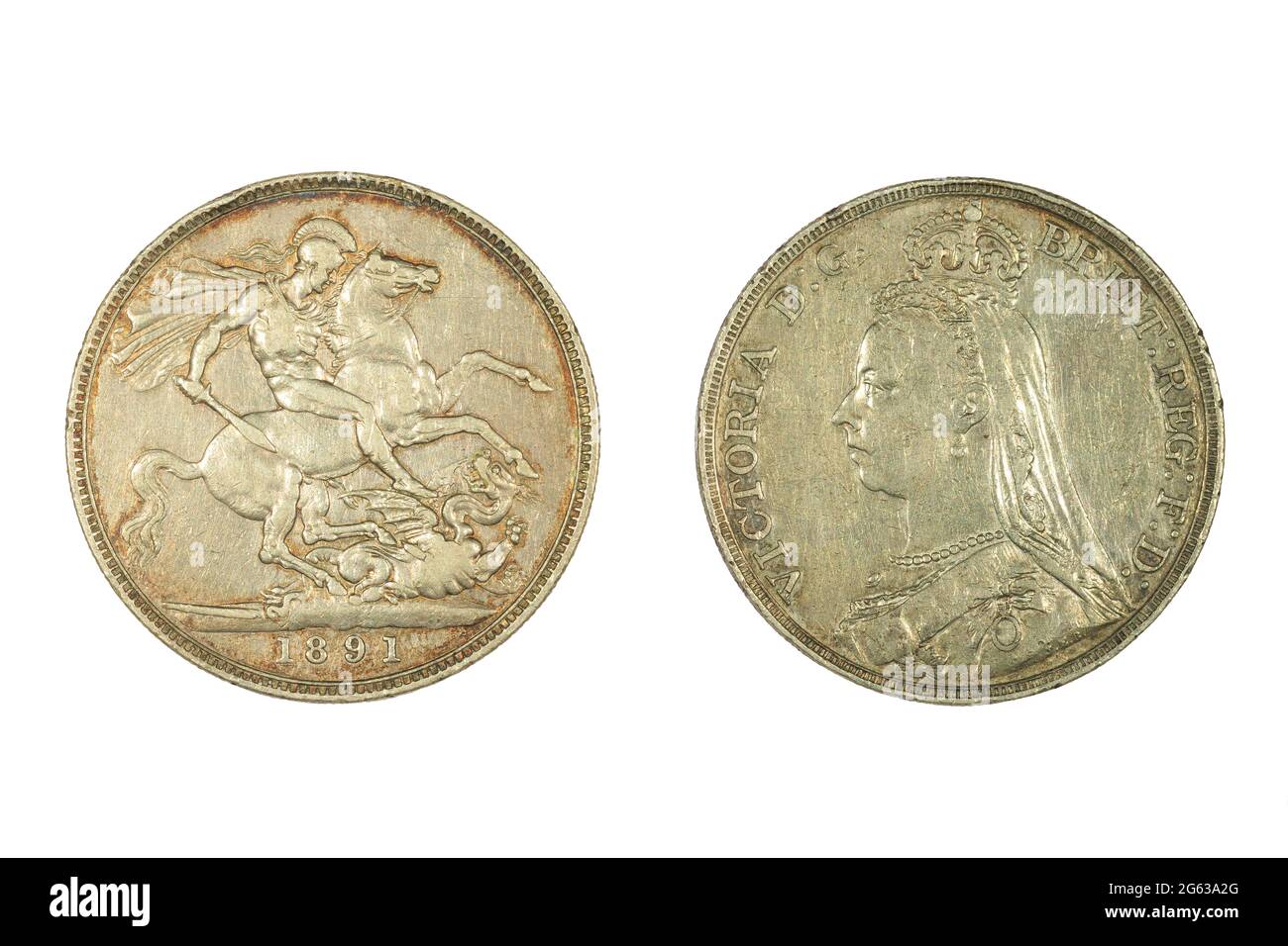 Eine 1891 britische Krone (5 Schilling) Münze. Rückseite: St. George und der Drache. Vorderseite: 'Jubilee Head' Porträt von Königin Victoria Stockfoto