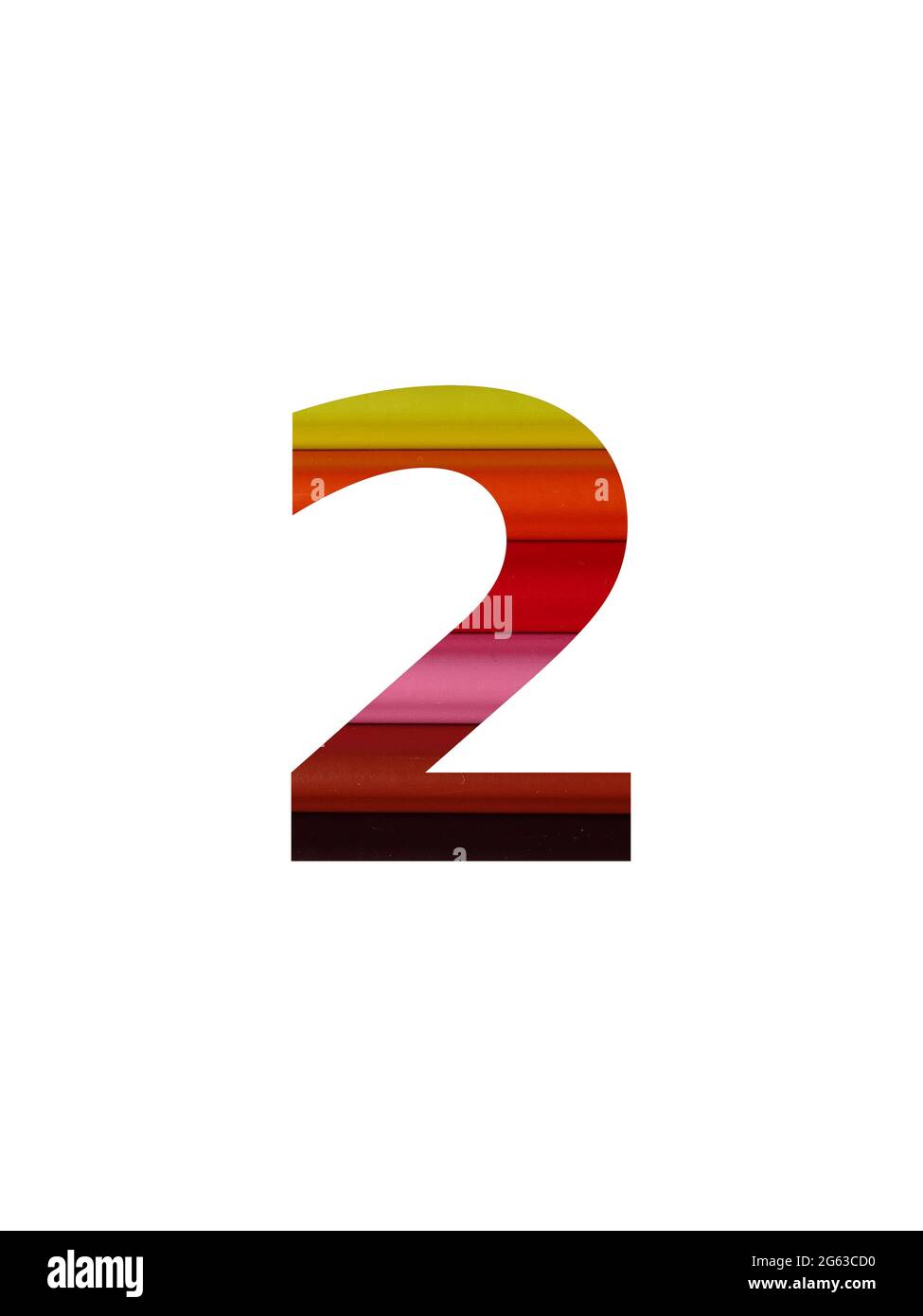 Nummer 2 des Alphabets mit Farbstift, in gelb, orange, rot, pink, Braun Stockfoto