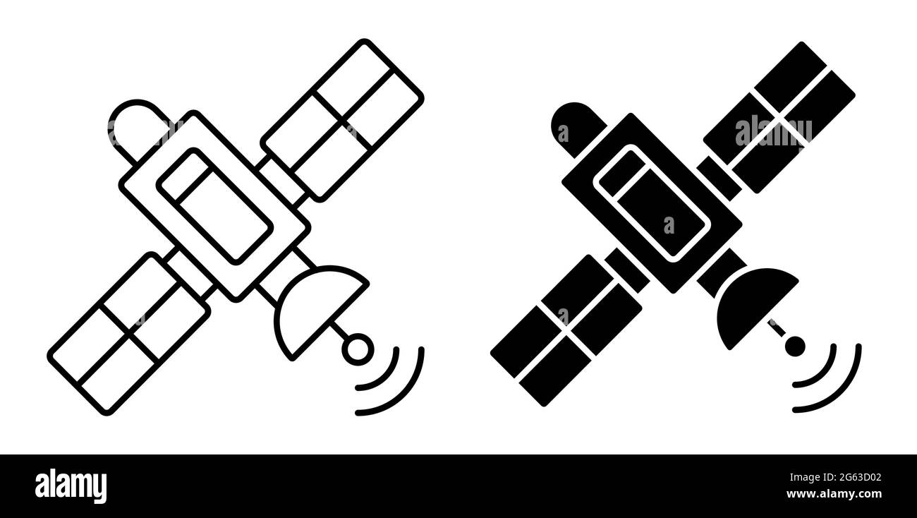 Lineares Symbol. Satelliten fliegen und senden Kommunikationssignal. Satellitenkommunikation und GPS-Navigation. Einfacher Schwarz-Weiß-Vektor Stock Vektor