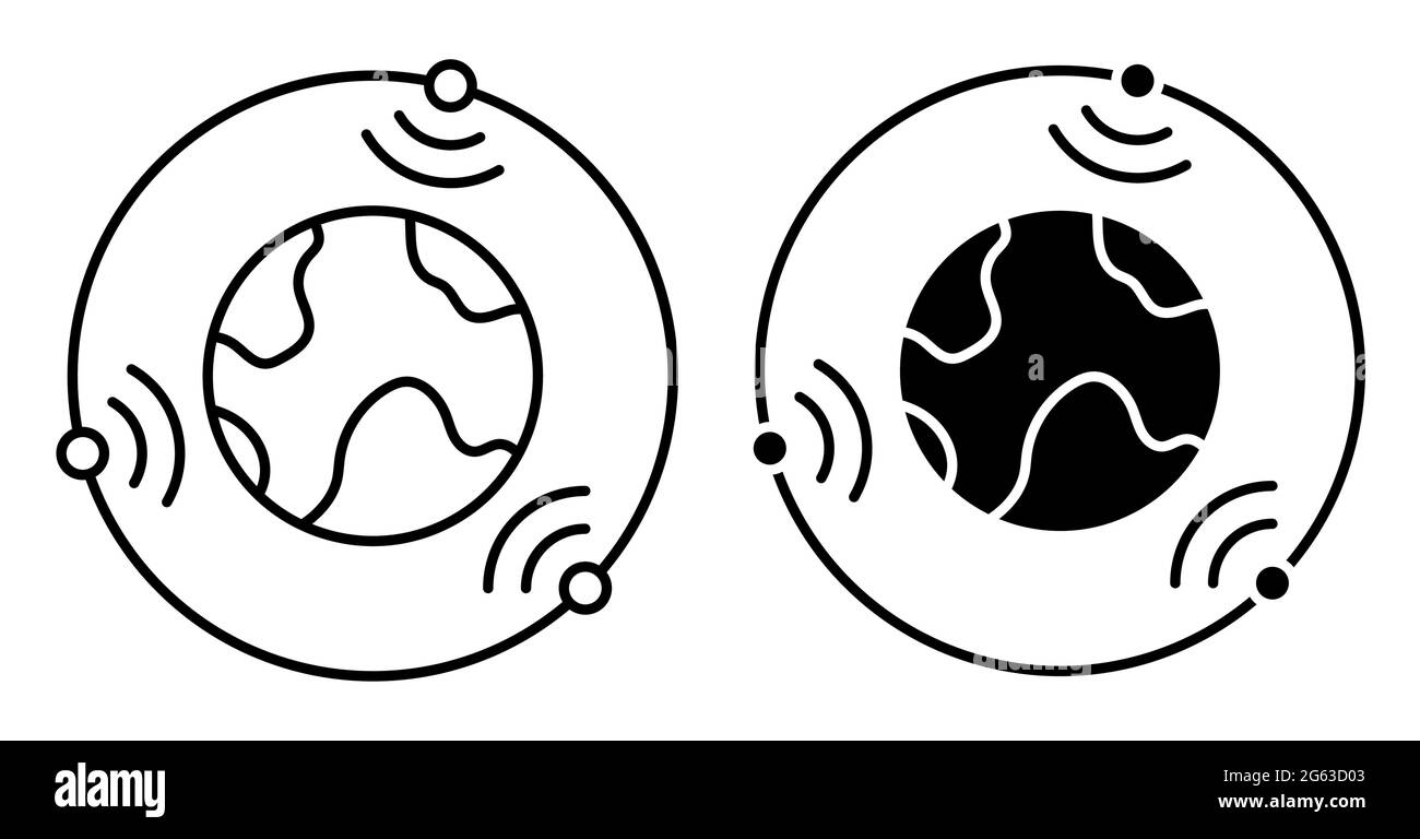 Lineares Symbol. Satelliten fliegen im Orbit um den Planeten Erde und senden Kommunikationssignal. Satellitenkommunikation und GPS-Navigation. Einfach schwarz a Stock Vektor