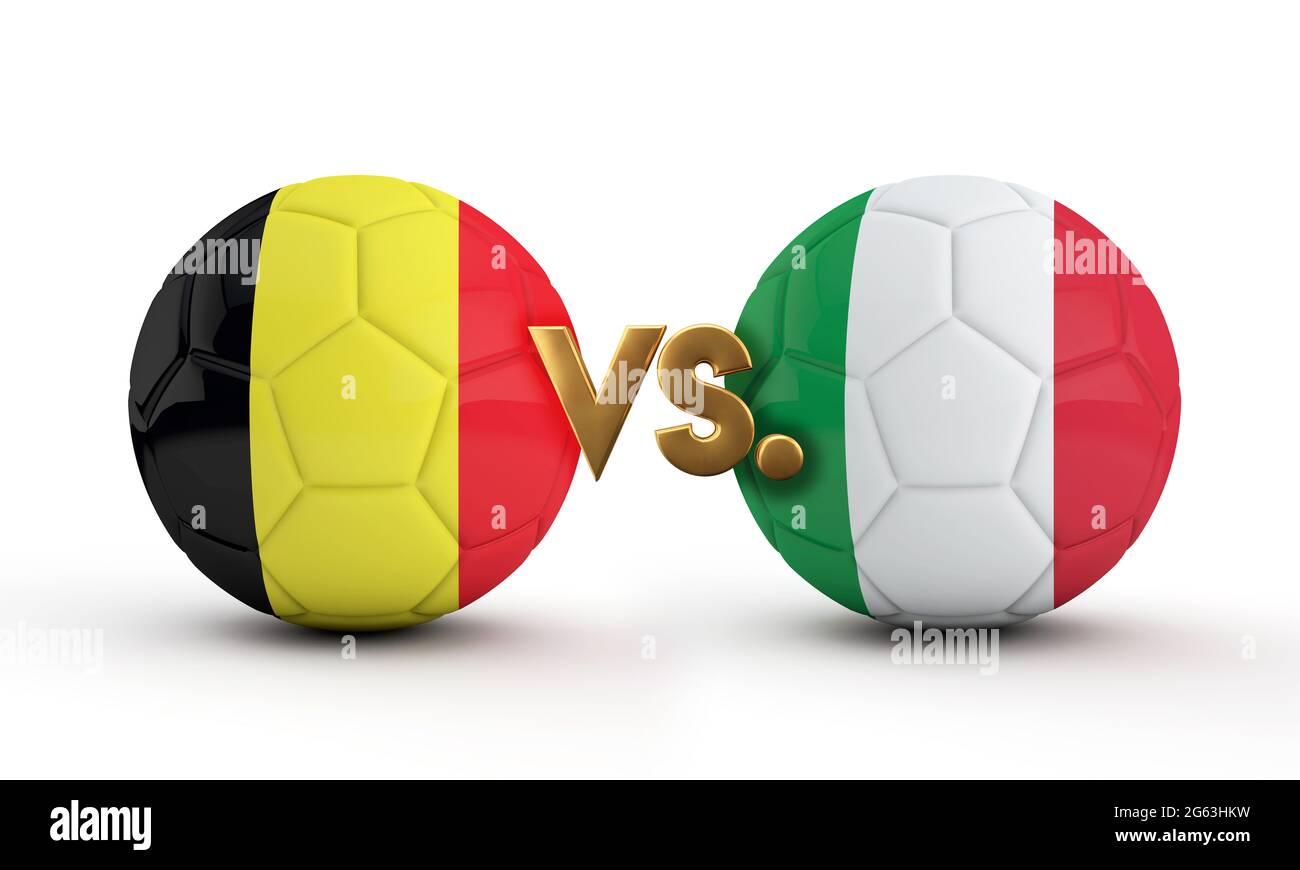 Belgien Vs. Fußballspiel in Italien. Nationalflaggen mit Fußball. 3D-Rendering Stockfoto