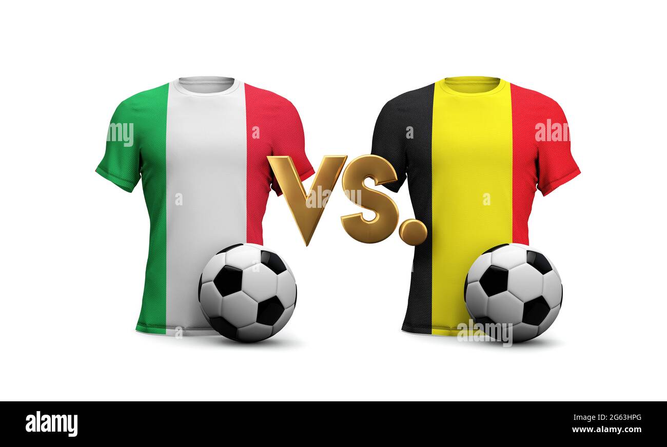 Belgien Vs. Italien Fußballspiel. Flaggen mit Fußball. 3D-Rendering Stockfoto