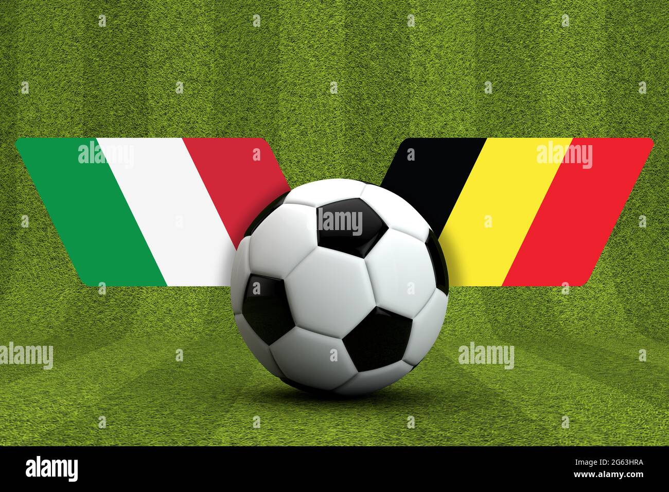 Belgien Vs. Italien Fußballspiel. Flaggen mit Fußball. 3D-Rendering Stockfoto