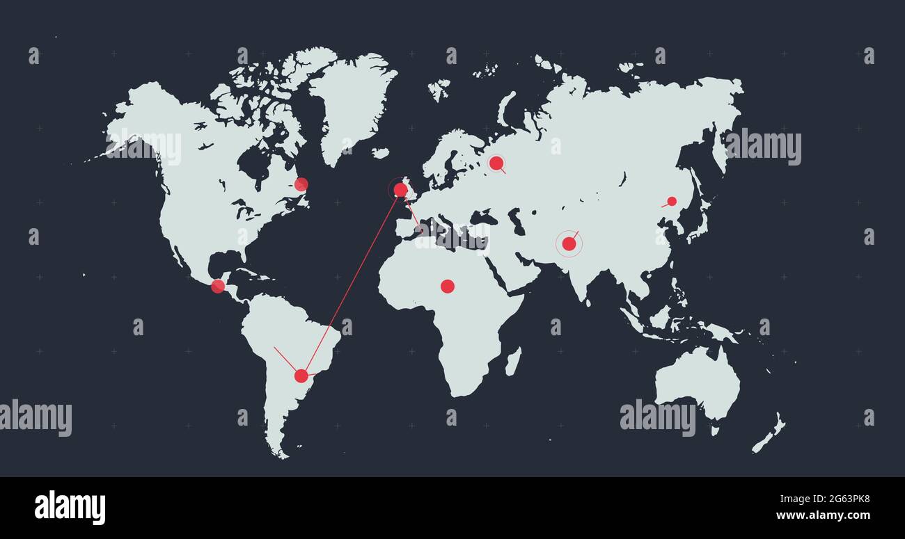 Blassgraue Weltkarte mit bewegtem roten Netz verbundener Punkte auf dunkelgrauem Hintergrund Stockfoto