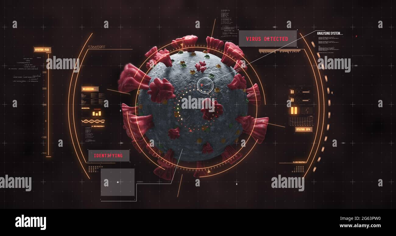 Abbildung des Scannens des Scopes und der Überprüfung der Coronavirus Covid-19-Zelle durch Blutzellen auf der schwarzen Rückseite Stockfoto