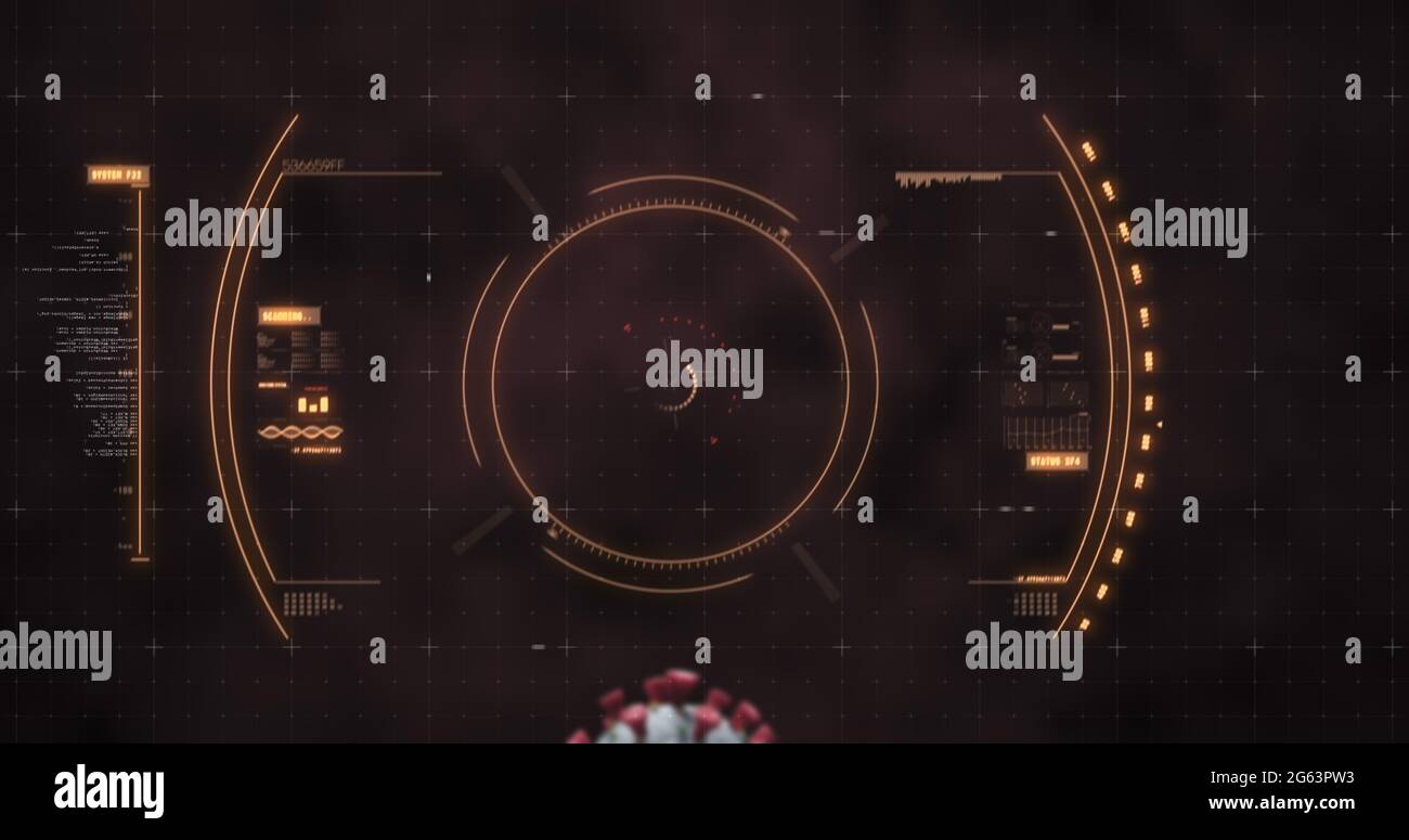 Abbildung des Scannens des Scopes und der Überprüfung der Coronavirus Covid-19-Zelle durch Blutzellen auf der schwarzen Rückseite Stockfoto