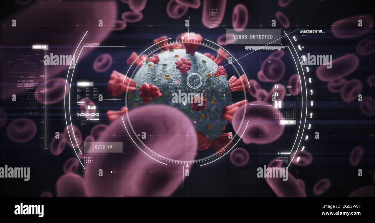 Abbildung des Scannens des Scopes und der Überprüfung der Coronavirus Covid-19-Zelle durch Blutzellen auf der schwarzen Rückseite Stockfoto