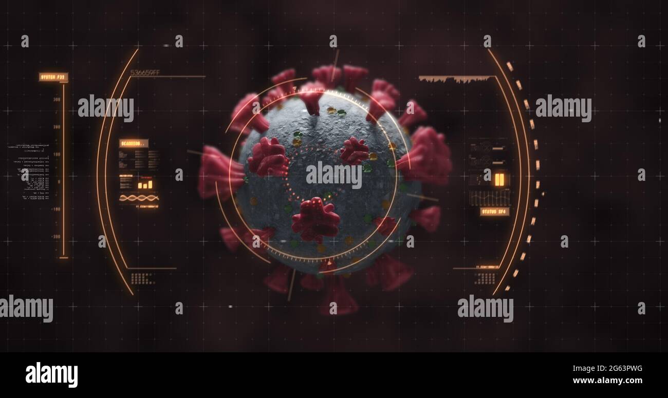 Abbildung des Scannens des Scopes und der Überprüfung der Coronavirus Covid-19-Zelle durch Blutzellen auf der schwarzen Rückseite Stockfoto