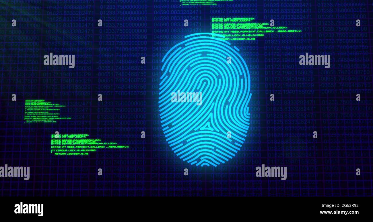 Abbildung des Symbols der digitalen biometrischen Fingerabdruck-Computerschnittstelle auf schwarzem Mesh-Hintergrund Stockfoto