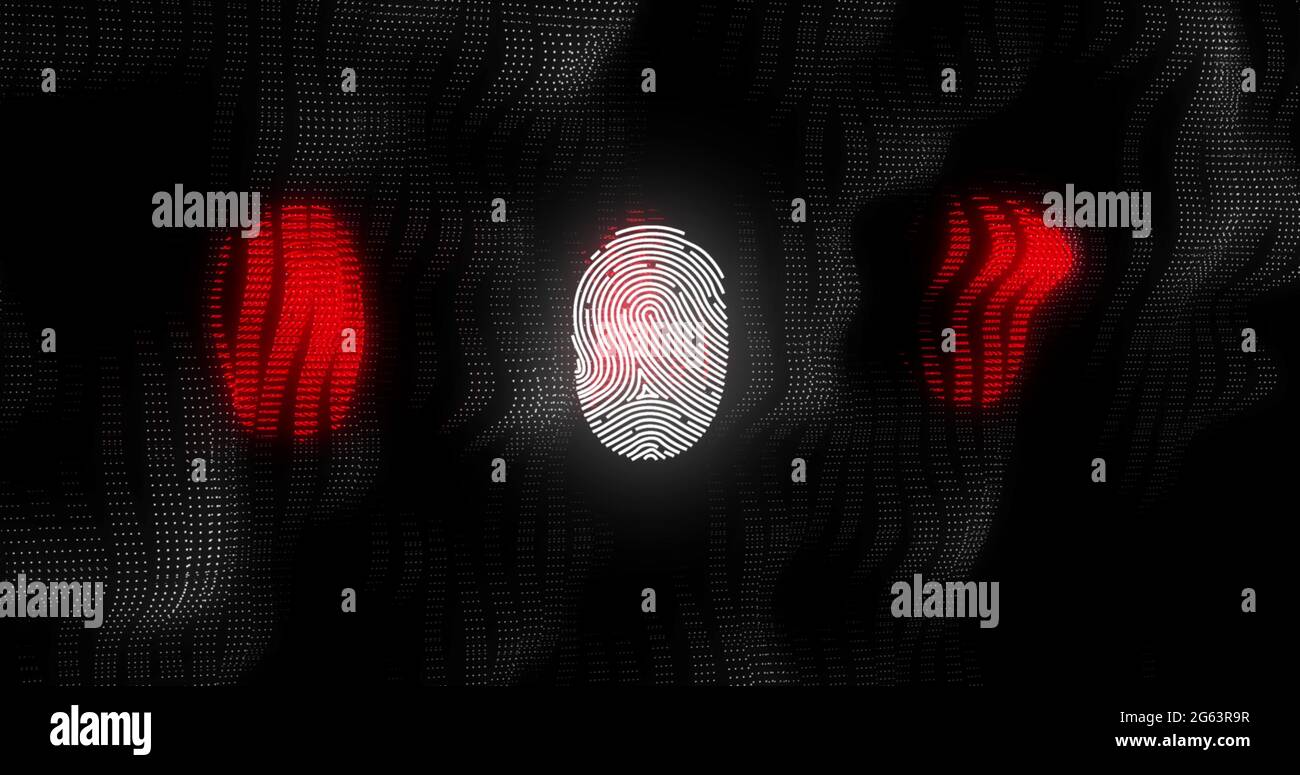 Abbildung des Symbols der digitalen biometrischen Fingerabdruck-Computerschnittstelle auf schwarzem Mesh-Hintergrund Stockfoto
