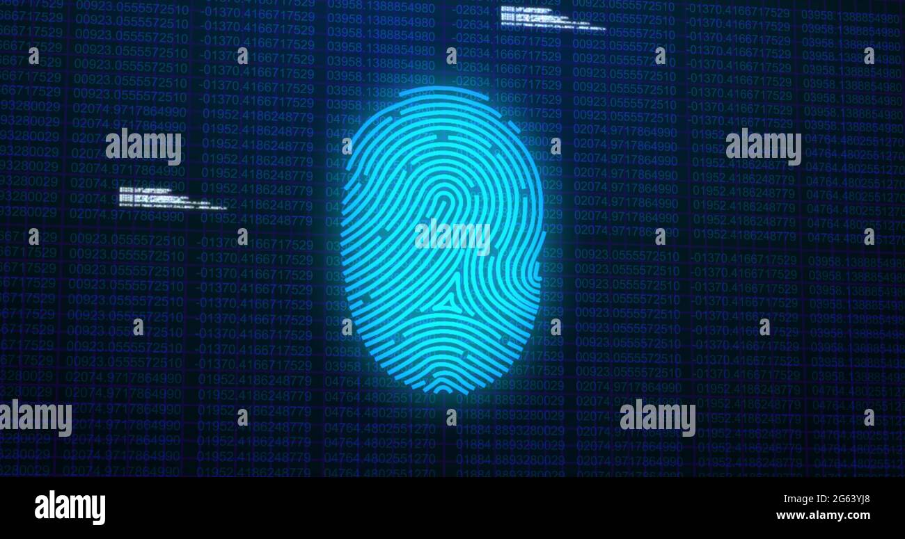 Abbildung des Symbols der digitalen biometrischen Fingerabdruck-Computerschnittstelle auf schwarzem Mesh-Hintergrund Stockfoto