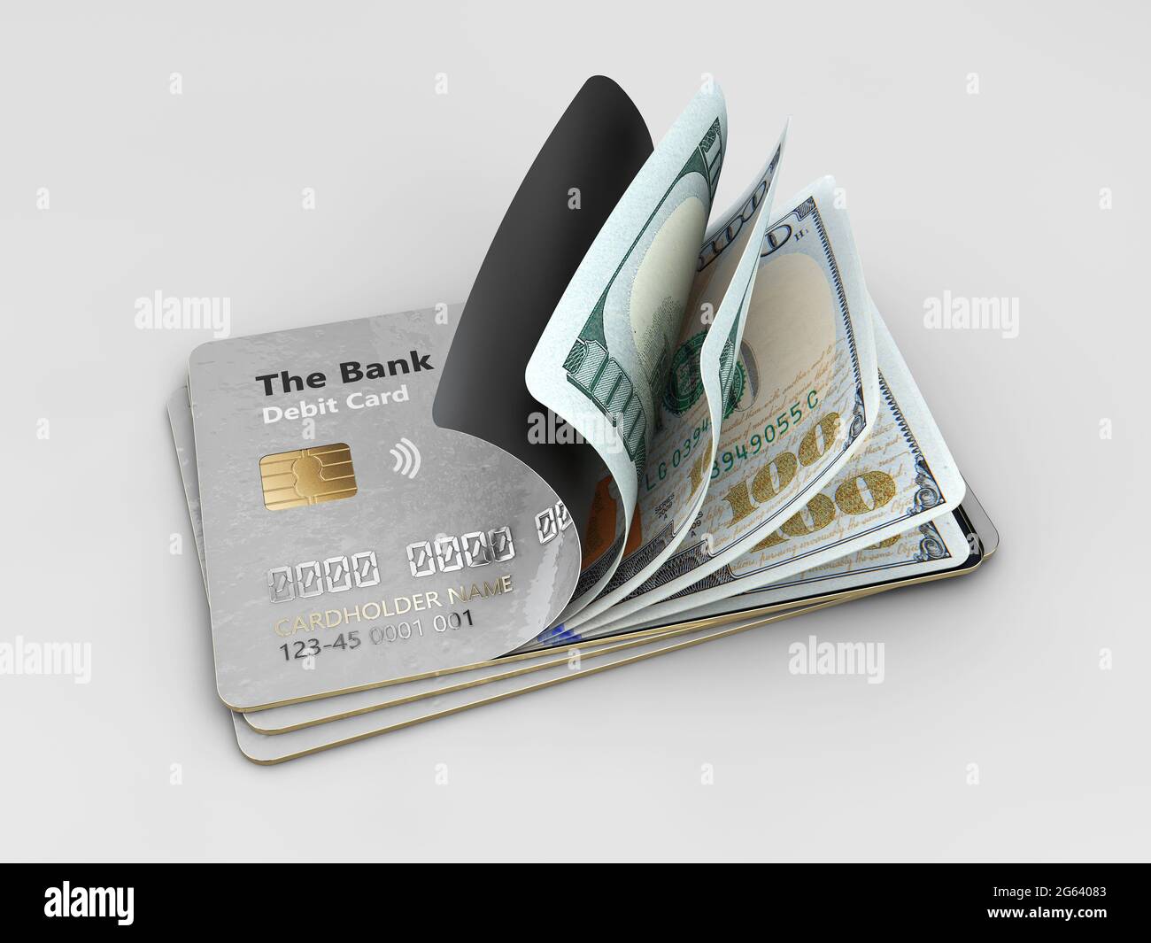 3d-Rendering von Open Credit-Karten mit Dollar-Banknoten, einschließlich Clipping-Pfad. Stockfoto