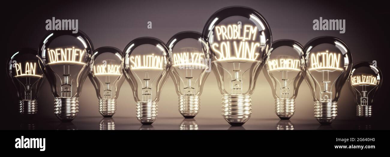 Problemlösung - leuchtende Glühbirnen - 3D-Illustration Stockfoto