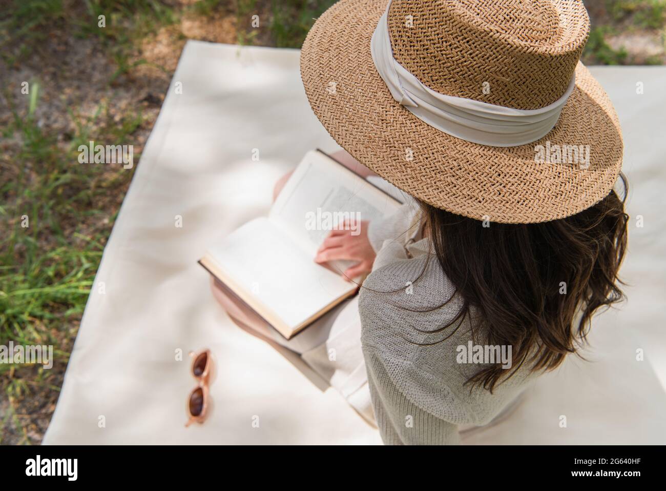 Overhead-Ansicht einer jungen Frau im Strohhut beim Lesen eines Buches im Wald Stockfoto