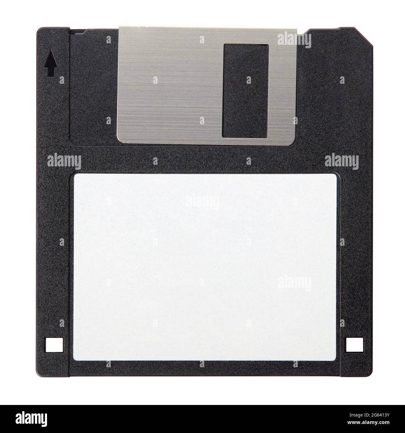 Schwarze Diskette mit leerem Etikett, isoliert auf weißem Hintergrund, Beschneidungspfad Stockfoto