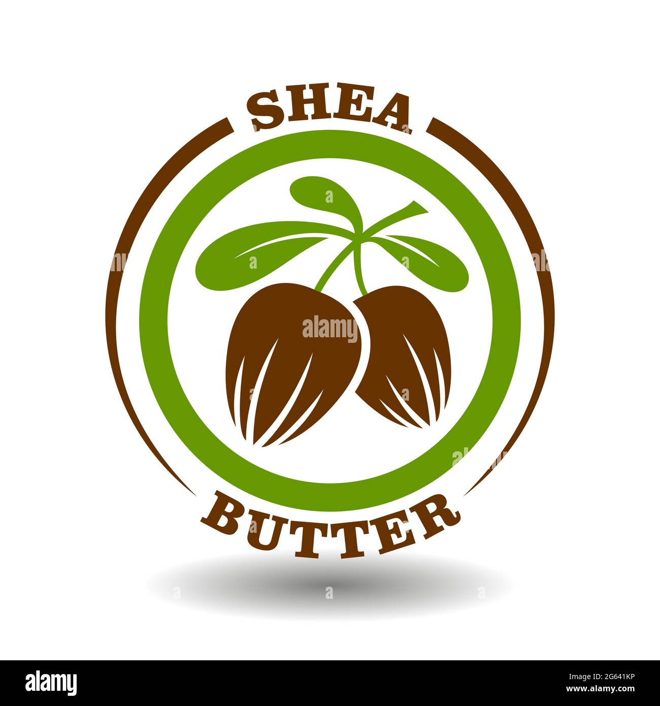 Vector Kreis Logo Sheabutter mit grünen Blättern Zweig und braunen Nüssen Symbol in runden Piktogramm für Bio-Kosmetik Zeichen, natürliche Lebensmittel Kennzeichnung Tag Stock Vektor