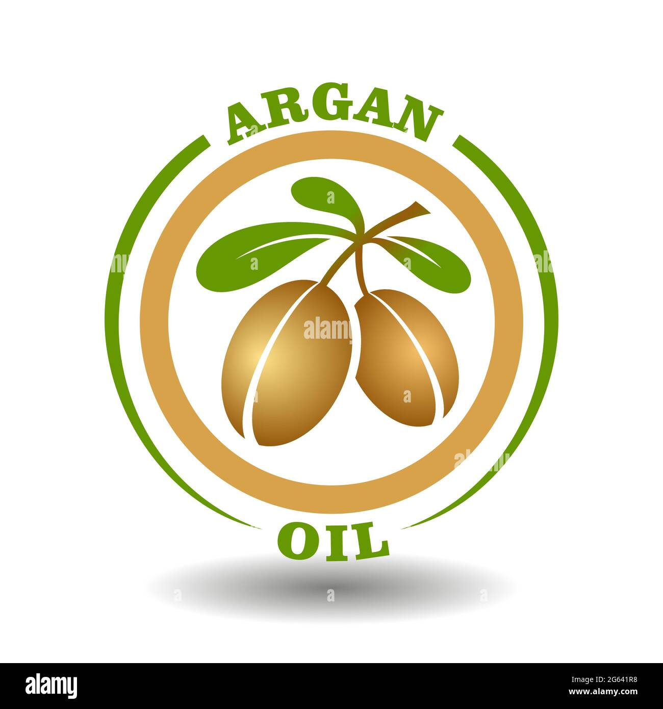Vektor-Kreis-Logo Arganöl mit grünem Blatt-Symbol und argania-Nüsse-Symbol in rundem Piktogramm für Bio-Kosmetik und Kräutermedizin Paketetikett Stock Vektor