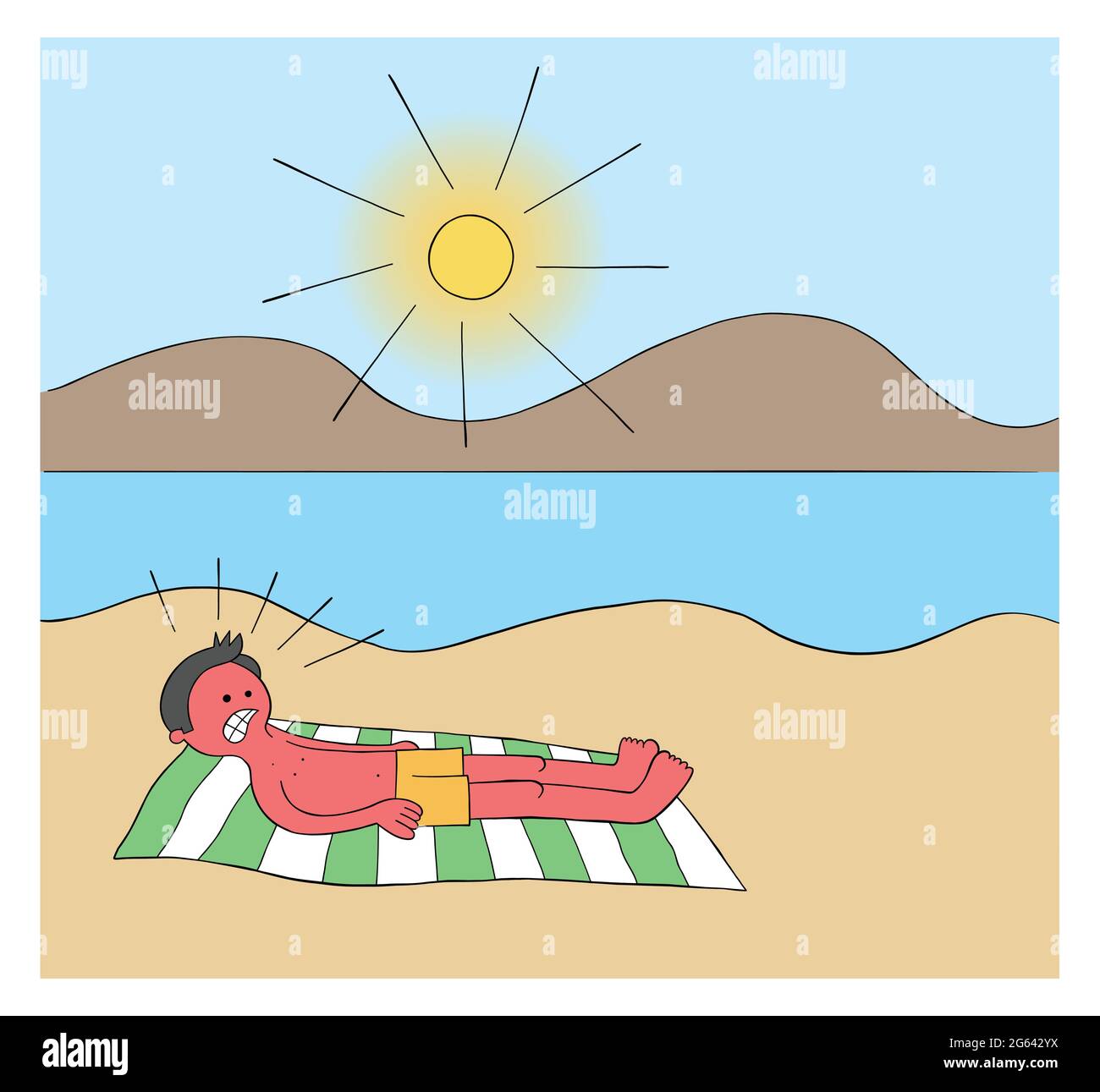 Cartoon Mann Sonnenbaden am Strand für Stunden und wenn er aufwacht seinen ganzen Körper ist rot Vektor Illustration verbrannt. Farbige und schwarze Umrisse. Stock Vektor