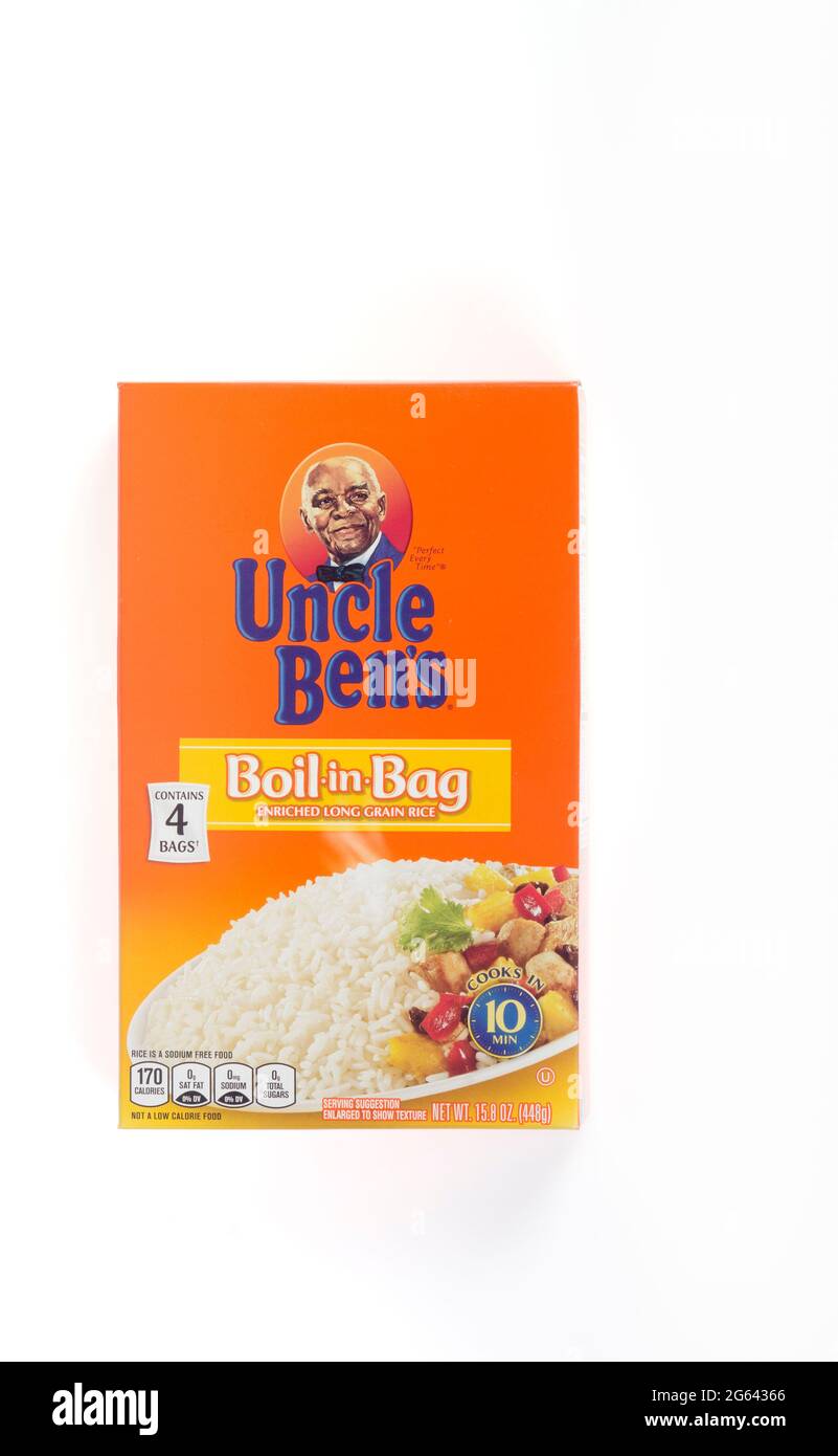 Reisschachtel von Onkel Ben, im Beutel kochen Stockfoto