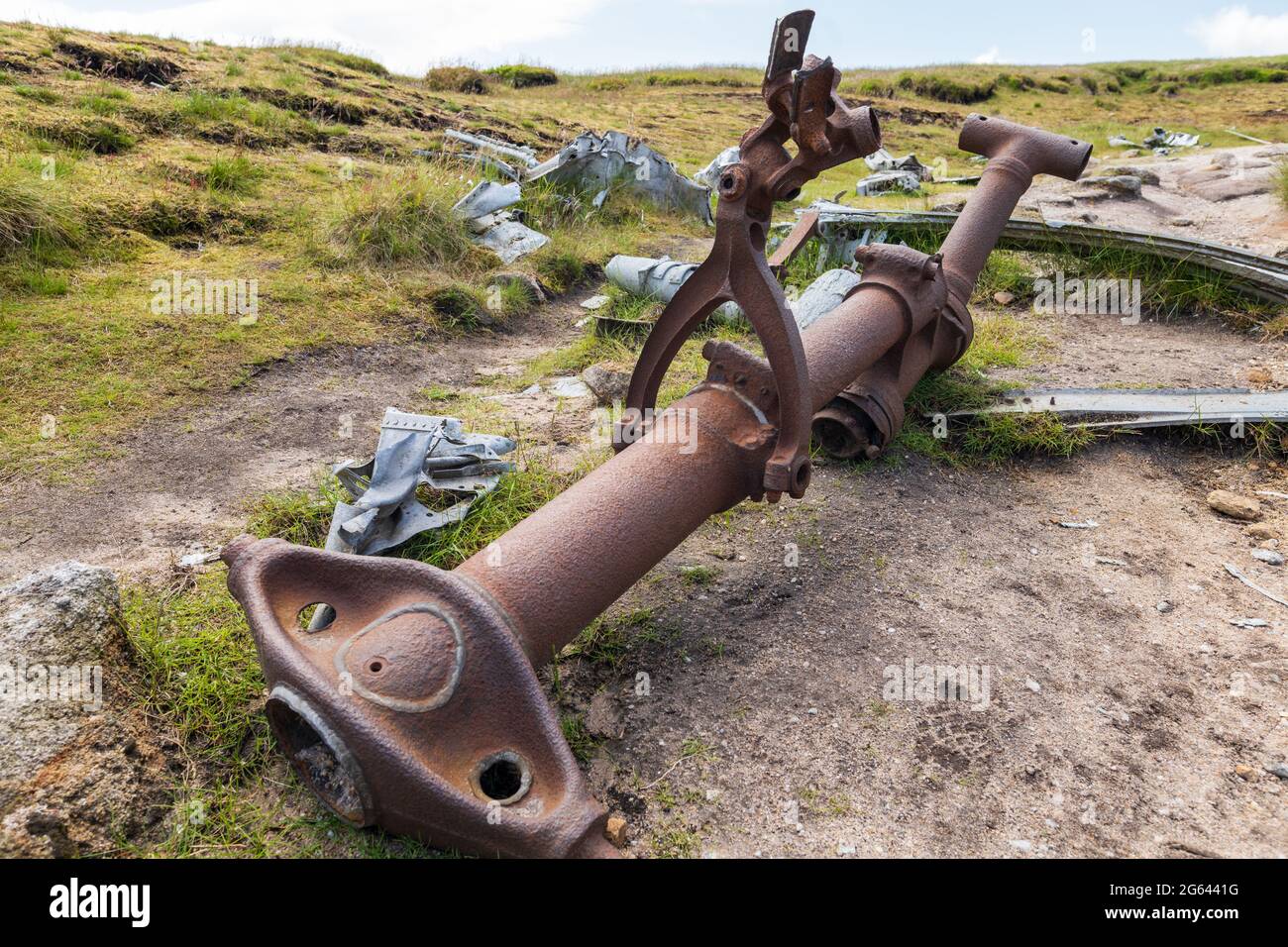 Abgestürzte Flugzeugteile über große Fläche Bleaklow Moor Peak District UK verteilt Stockfoto