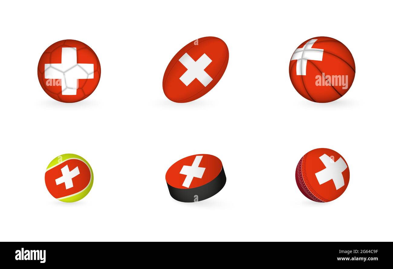 Sportausrüstung mit Flagge der Schweiz. Sport Icon Set aus Fußball, Rugby,  Basketball, Tennis, Hockey, Cricket Stock-Vektorgrafik - Alamy