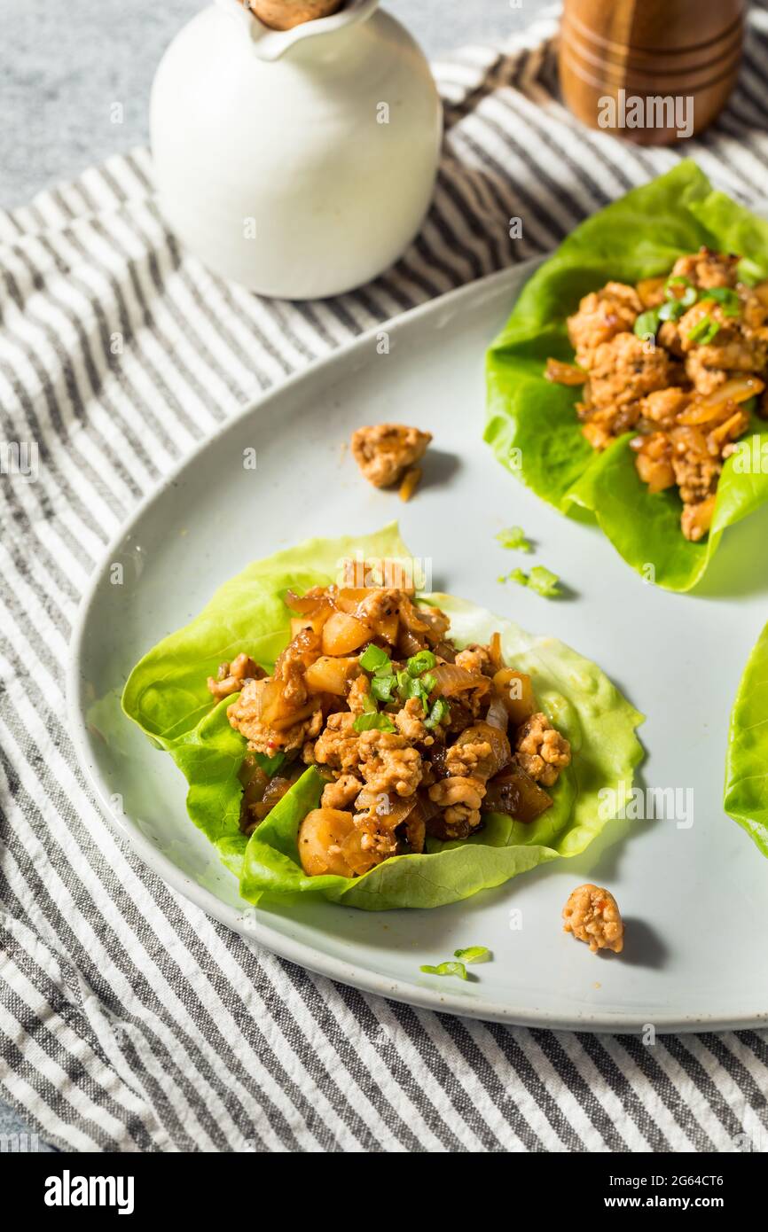 Hausgemachte, gemahlene Hühnchen, asiatische Salatpackungen mit Kastanien Stockfoto