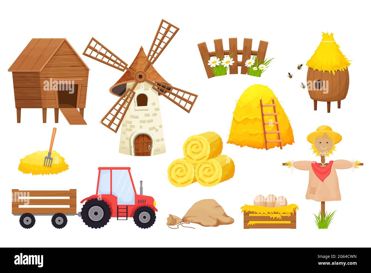 Bauernhof mit Heuballen, Vogelscheuche, Windmühle, Traktor, Bienenstock in Cartoon-Stil isoliert auf weißem Hintergrund. Landwirtschaftliche Sammlung, ländliche Elemente. Vektorgrafik Stock Vektor