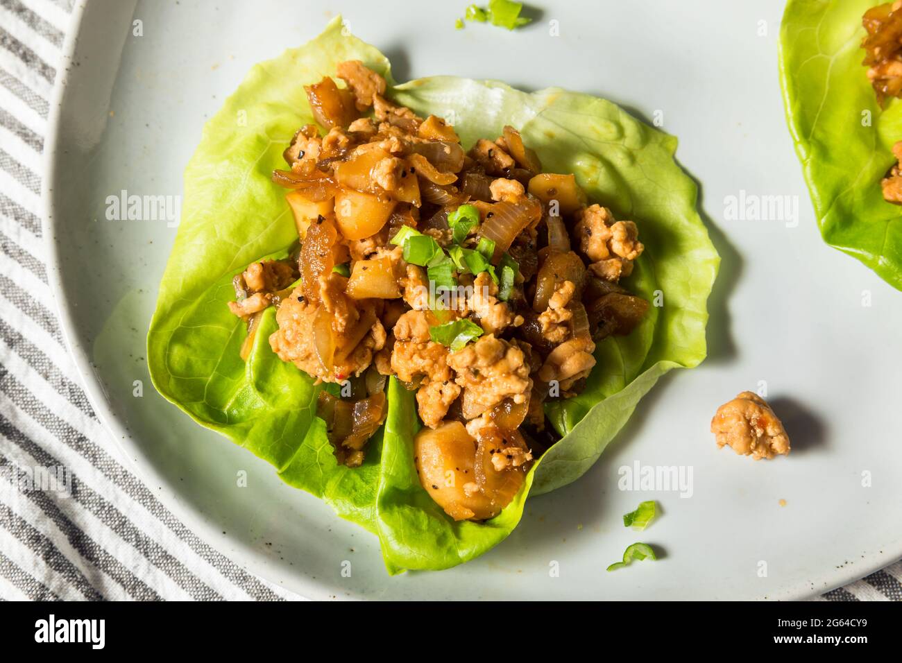 Hausgemachte, gemahlene Hühnchen, asiatische Salatpackungen mit Kastanien Stockfoto