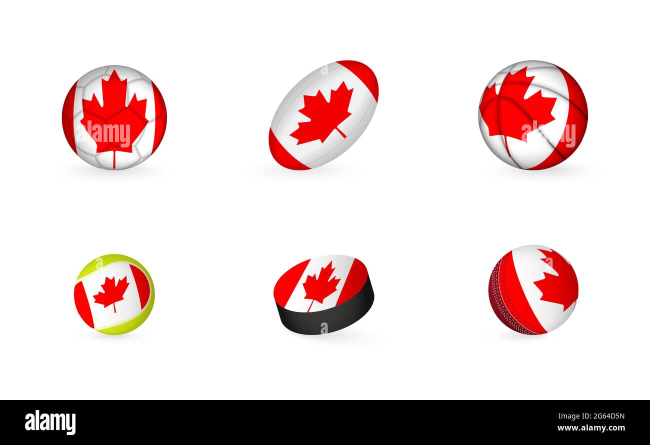 Sportausrüstung mit Flagge von Kanada. Sport Icon Set aus Fußball, Rugby, Basketball, Tennis, Hockey, Cricket. Stock Vektor