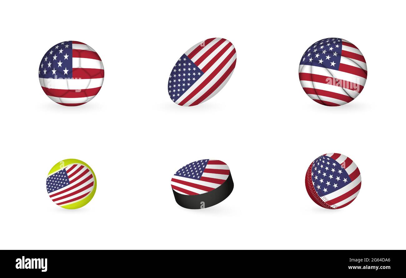 Sportausrüstung mit Flagge der USA. Sport Icon Set aus Fußball, Rugby, Basketball, Tennis, Hockey, Cricket. Stock Vektor
