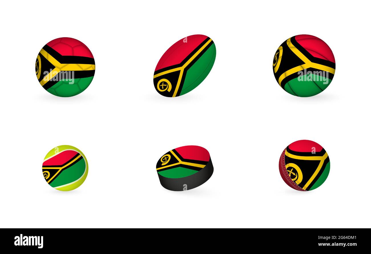 Sportausrüstung mit Flagge von Vanuatu. Sport Icon Set aus Fußball, Rugby, Basketball, Tennis, Hockey, Cricket. Stock Vektor