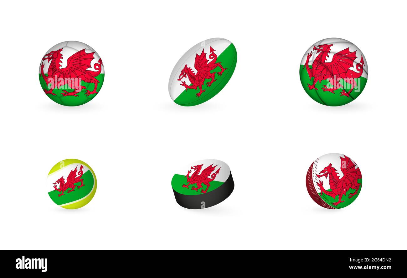 Sportausrüstung mit Flagge von Wales. Sport Icon Set aus Fußball, Rugby, Basketball, Tennis, Hockey, Cricket. Stock Vektor