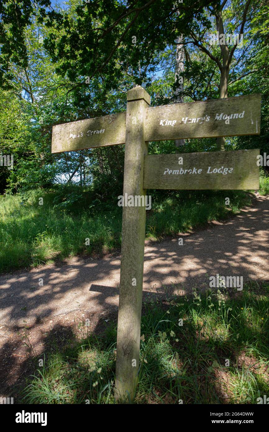 Holzschild oder Wegweiser am Fußweg im Richmond Park, London, zeigen auf König Henry's Mound, Pembroke Lodge und Poet's Corner; durch schattige Bäume Stockfoto