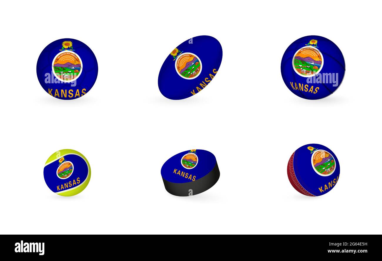 Sportausrüstung mit Flagge von Kansas. Sport Icon Set aus Fußball, Rugby, Basketball, Tennis, Hockey, Cricket. Stock Vektor