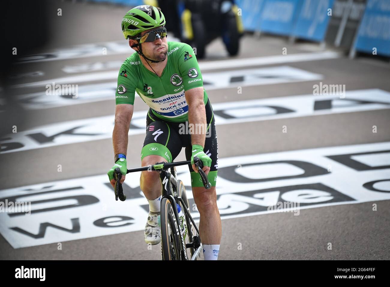 British Mark Cavendish von Deceuninck - Quick-Step das grüne Trikot überquert die Ziellinie der siebten Etappe der 108. Ausgabe des To Stockfoto