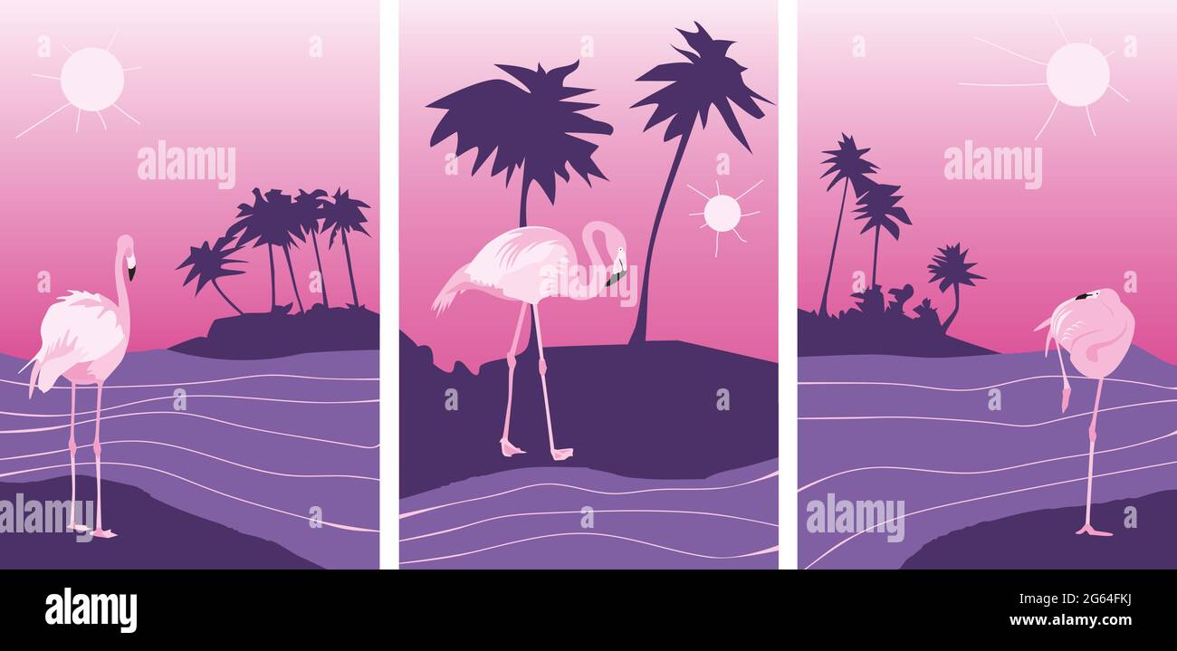 Sommerplakate mit rosa Flamingo auf abstraktem tropisch-violettem Hintergrund von Palmeninsel Meereshimmel und Sonnenvektor-Illustration Stock Vektor