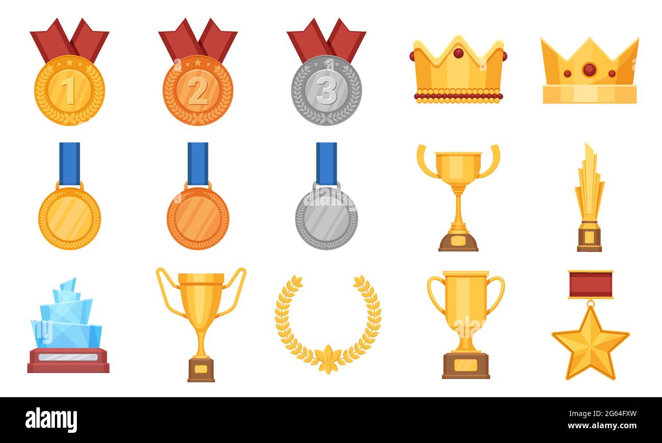 Trophäen und Medaillen. Preis flache Ikone, olympisches Gold, Silber und Bronzemedaille mit Band. Siegerpokal, Glasbelohnung und Kronenvektor-Set Stock Vektor