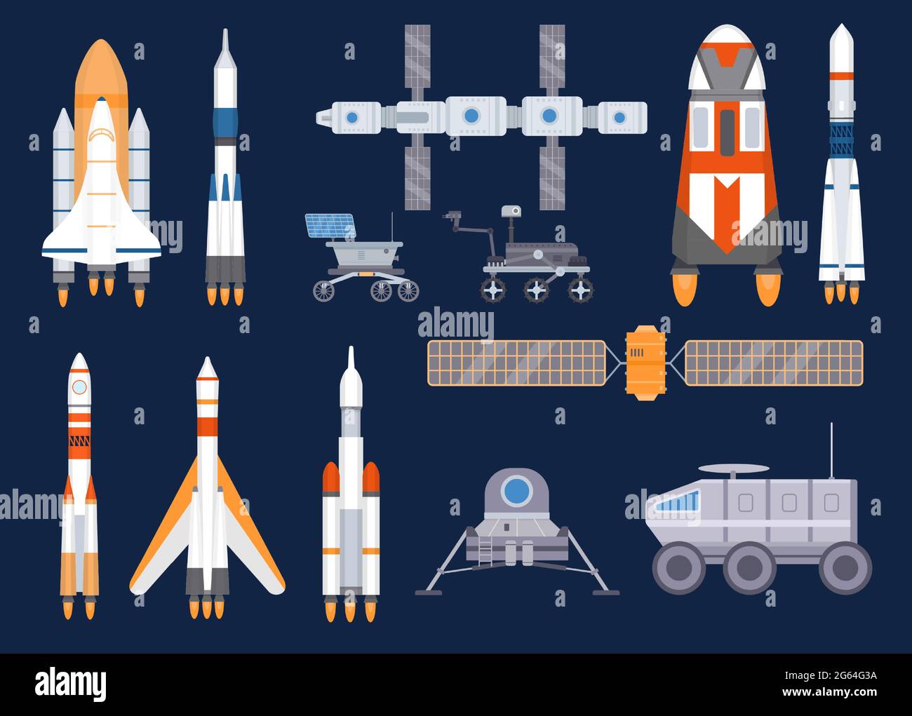 Technologie für Raumfahrzeuge. Satelliten, Raketen, Raumstation, Schiffe, Shuttles, mond- und mars-Rover. Universum Erforschung Ausrüstung Vektor-Set Stock Vektor
