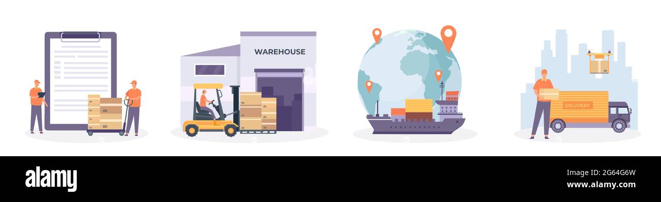 Globale Logistikkette. Internationales Netz für Lieferung, Vertrieb, Lager, Transport und Lieferung. Vektorkonzept importieren und exportieren Stock Vektor