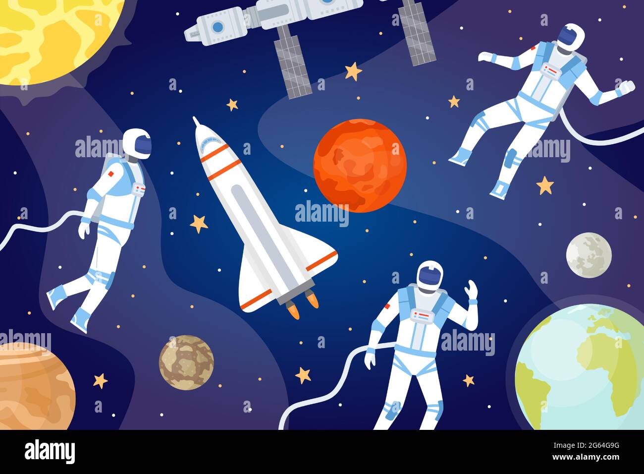 Kosmischer Hintergrund mit Astronauten. Weltraum mit Raumschiff, Planeten, Sternen und Raumfahrer, die den Kosmos erkunden. Cartoon Universum Vektor Banner Stock Vektor