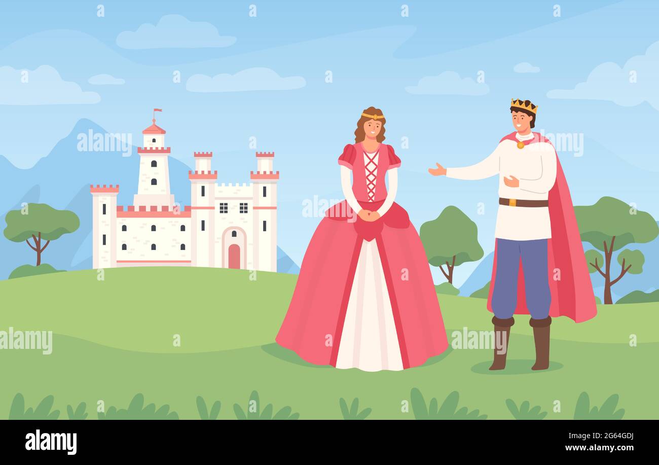 Landschaft mit Prinz und Prinzessin. Cartoon Märchenschloss und Charaktere. Fantasy magisches Königreich, mittelalterlicher europäischer Vektor Hintergrund Stock Vektor