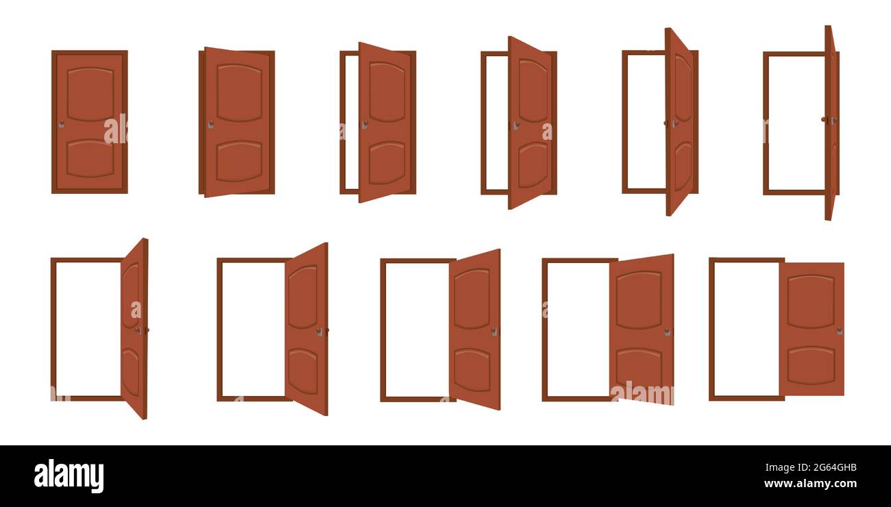 Türöffnung. Cartoon offene und geschlossene Wohnzimmertüren. Hauseingang mit Rahmen, Haupteingang oder Ausgang aus Holz. Vektorrahmen für Türanimationen Stock Vektor