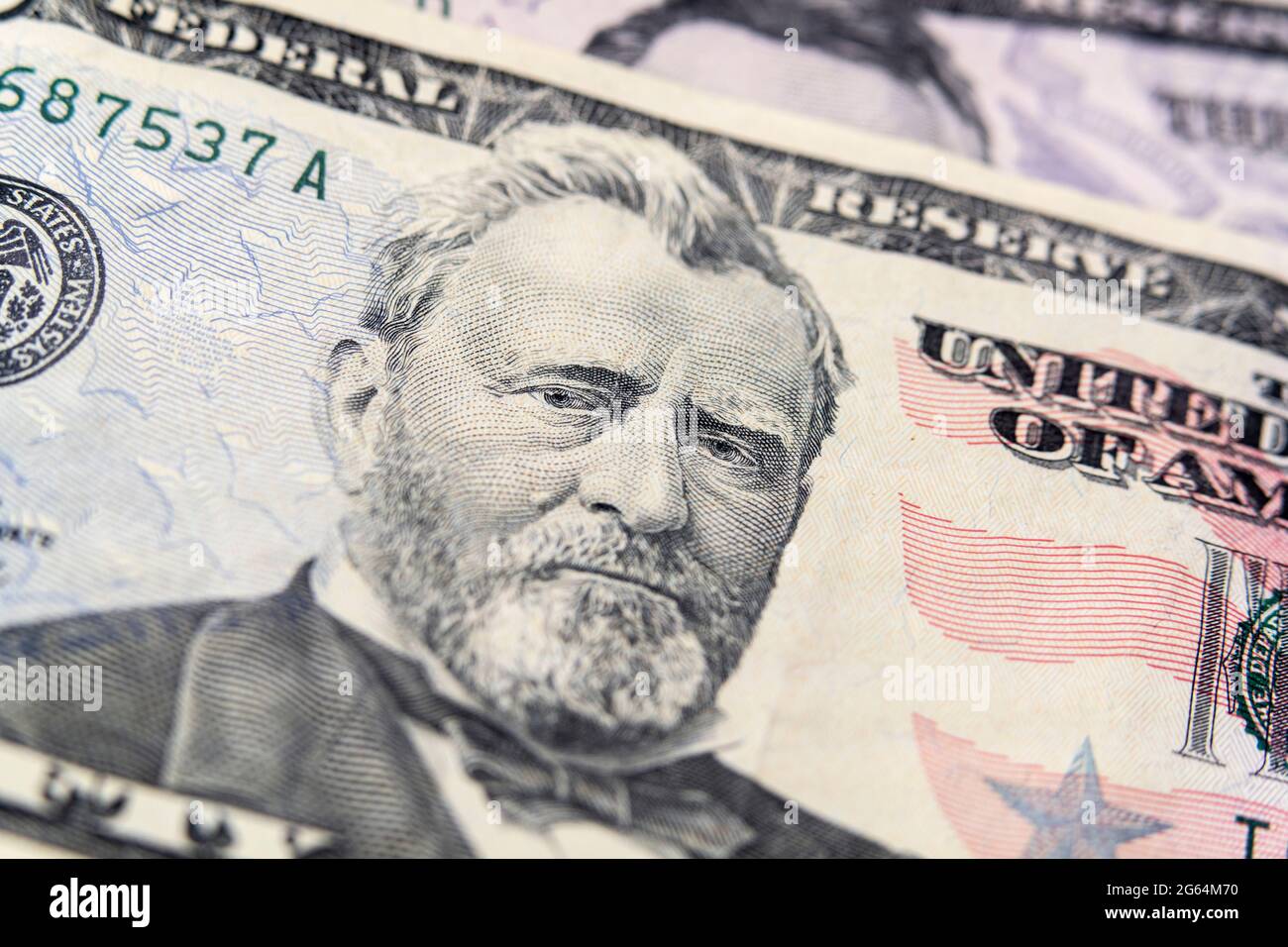 Makroansicht von Ulysses S Grant auf die Vereinigten Staaten 50-Dollar-Rechnung. Stockfoto