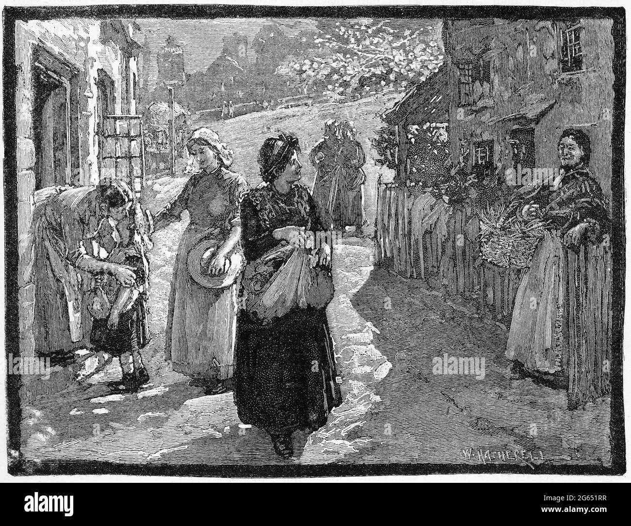 Gravur von arbeitenden Frauen, die ihr Zuhause verlassen, um Hauben an ihrem Arbeitsplatz im viktorianischen England zu nähen, um 1890 Stockfoto