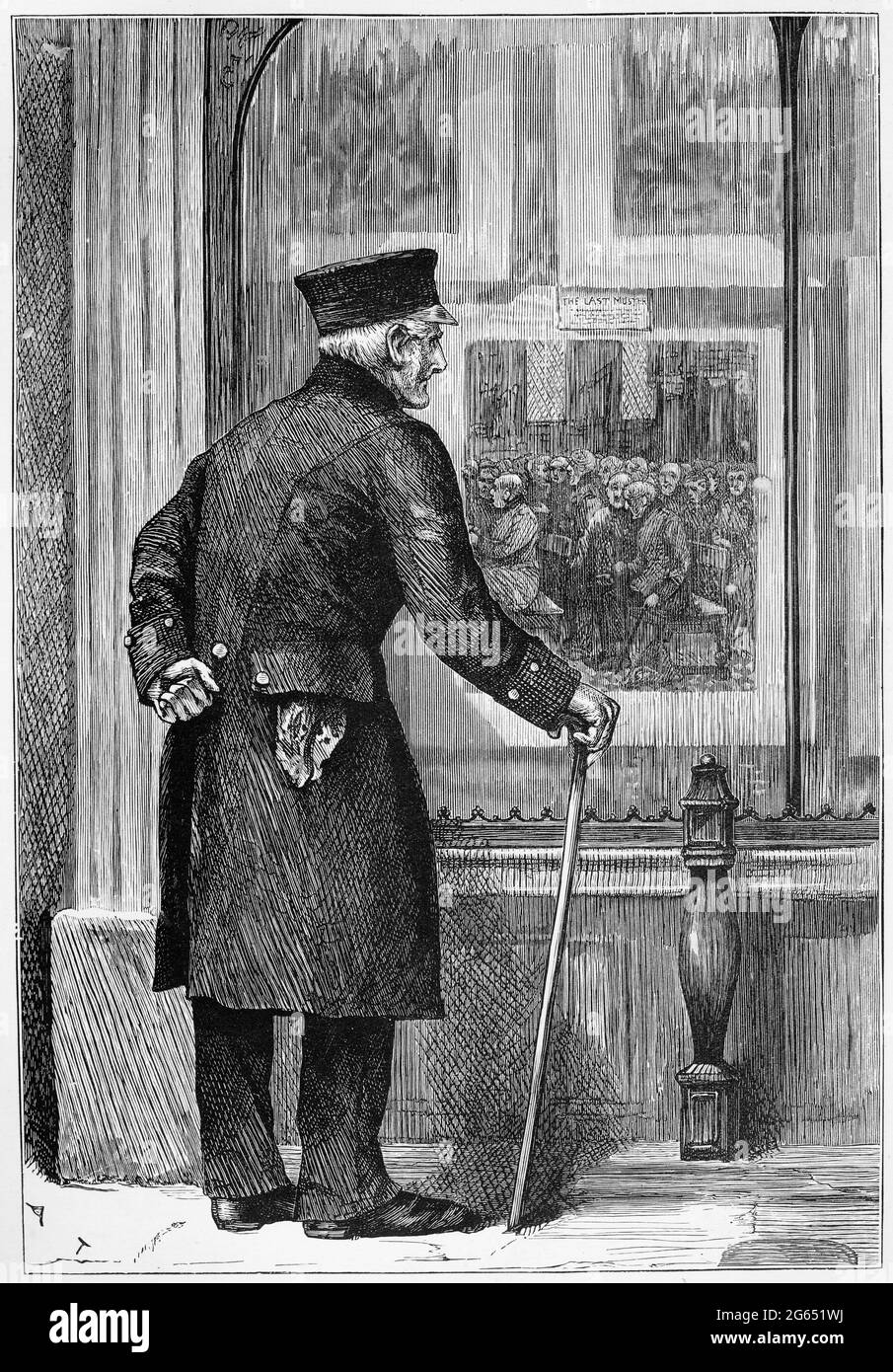 Mit der Aufschrift "Genossen, die ihr letztes Kommando / für den Dienst im fernen Land warten" steht ein alter Soldat an einem Fenster und blickt auf eine Gemeinde von Kriegsveteranen bei einem Begräbnis, das um 1880 gepubtet wurde Stockfoto