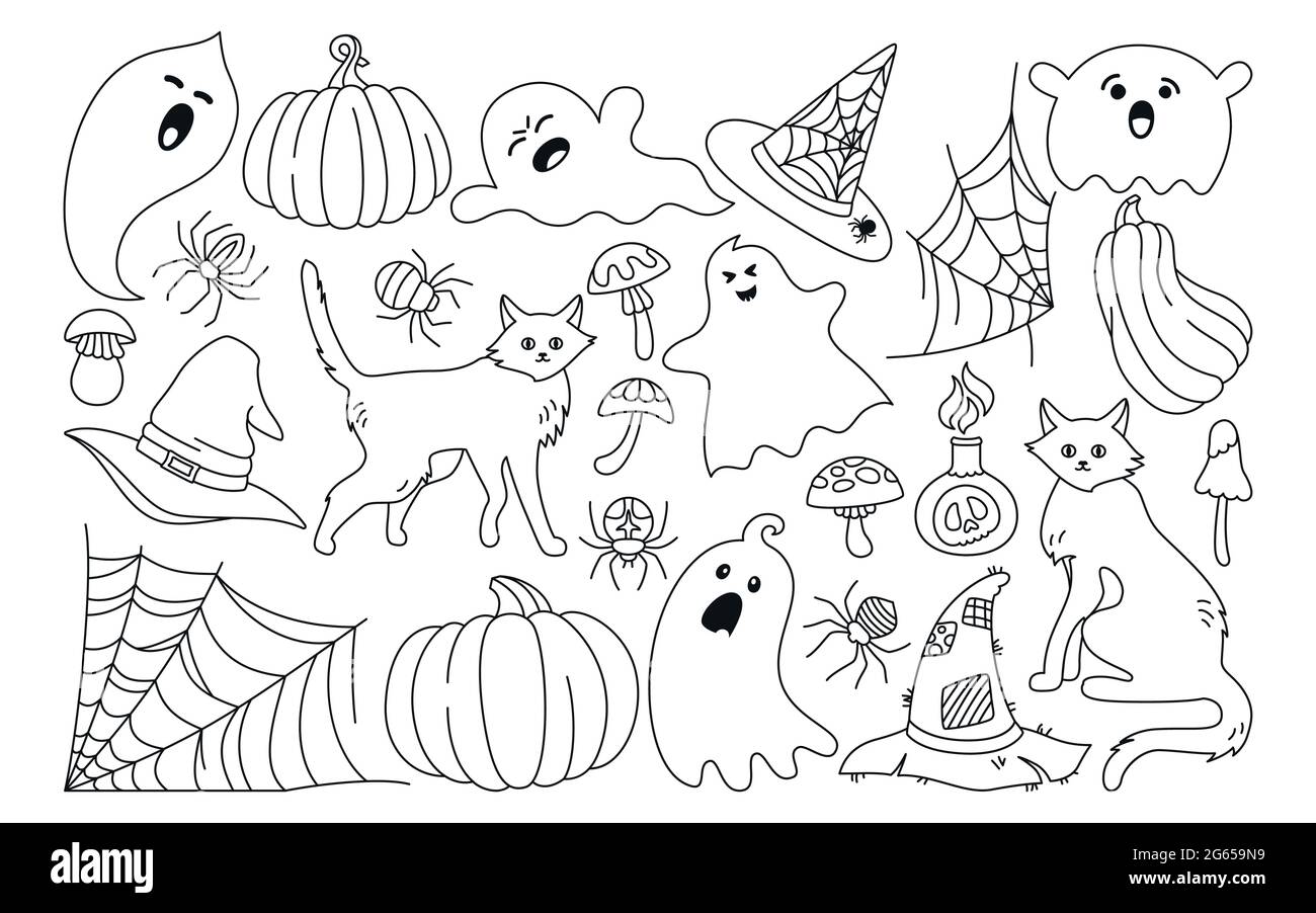 Halloween Party Horror Linie Cartoon Set. Magische Doodle Hag Kessel Fledermaus, giftige Pilze, Zaubertrank Giftflasche. Schwarze Katze, Kürbis, Hut Spinnennetz symbolische flache Comic-Design. Vektorgrafik Stock Vektor