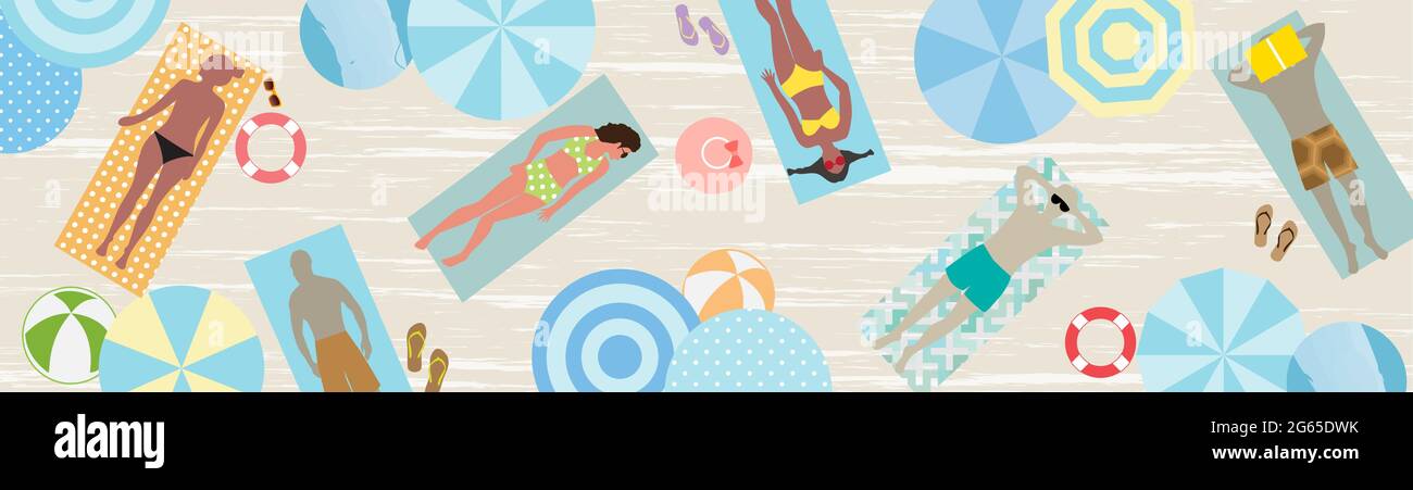Illustration von Männern und Frauen legen sich auf Matte, mit Bikini, Badeanzug, Sandalen, bunt, Regenschirm, Kugel, Pastellfarben Stock Vektor
